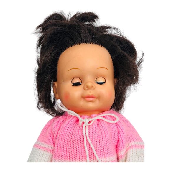 VTG Baby Doll Knit Pjs Pompom Track Suit Open Shut Sleepy Eyes Hong Kong Creepy - Picture 2 of 8